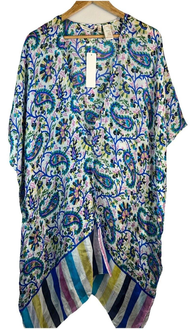 Soft Surroundings 100% Silk Kimono L/XL Paisley Luxury Vacation Resort Blue